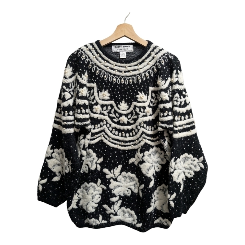 Kitty Hawk by Vivian Wang black white sweater pearls floral holiday vtg